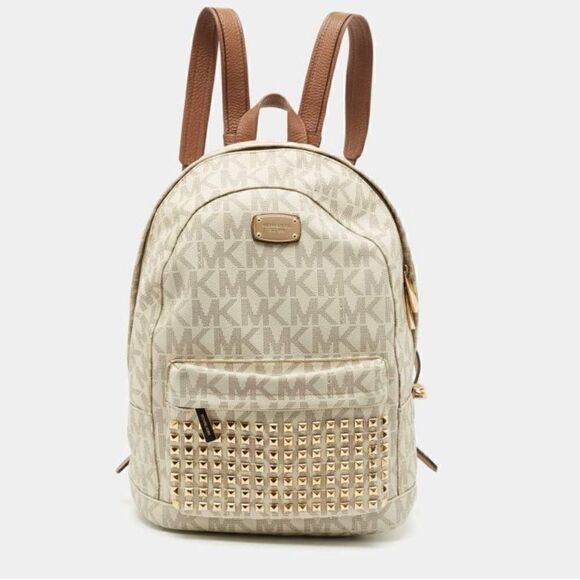 MICHAEL Michael Kors Handbags - MK michael kors RHEA studded fullsize backpack cream,white tan leather gold guc